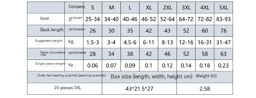 Warm Thread dog raincoat size chart